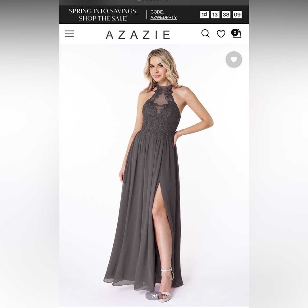 Azazie Prue Dress - “A Line” Lace Chiffon Floor Length - Steel Gray - Size 6